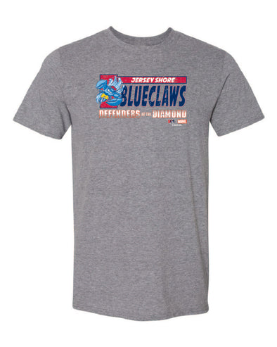 Jersey Shore BlueClaws Marvel’s Defenders of the Diamond Youth Comic Logo T-Shirt
