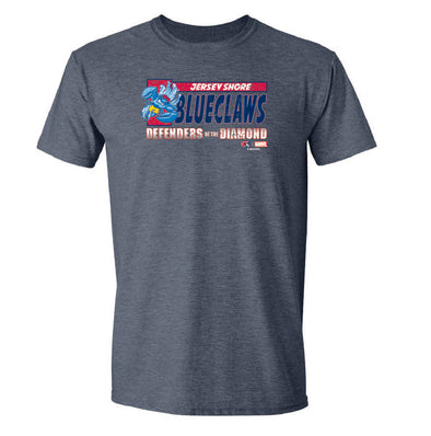 Jersey Shore BlueClaws Marvel’s Defenders of the Diamond Comic Logo T-Shirt