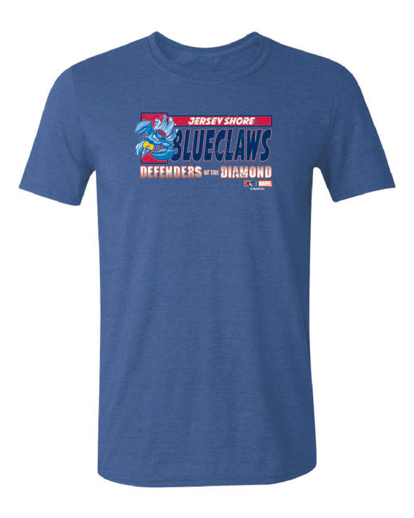 Jersey Shore BlueClaws Marvel’s Defenders of the Diamond Comic Logo T-Shirt